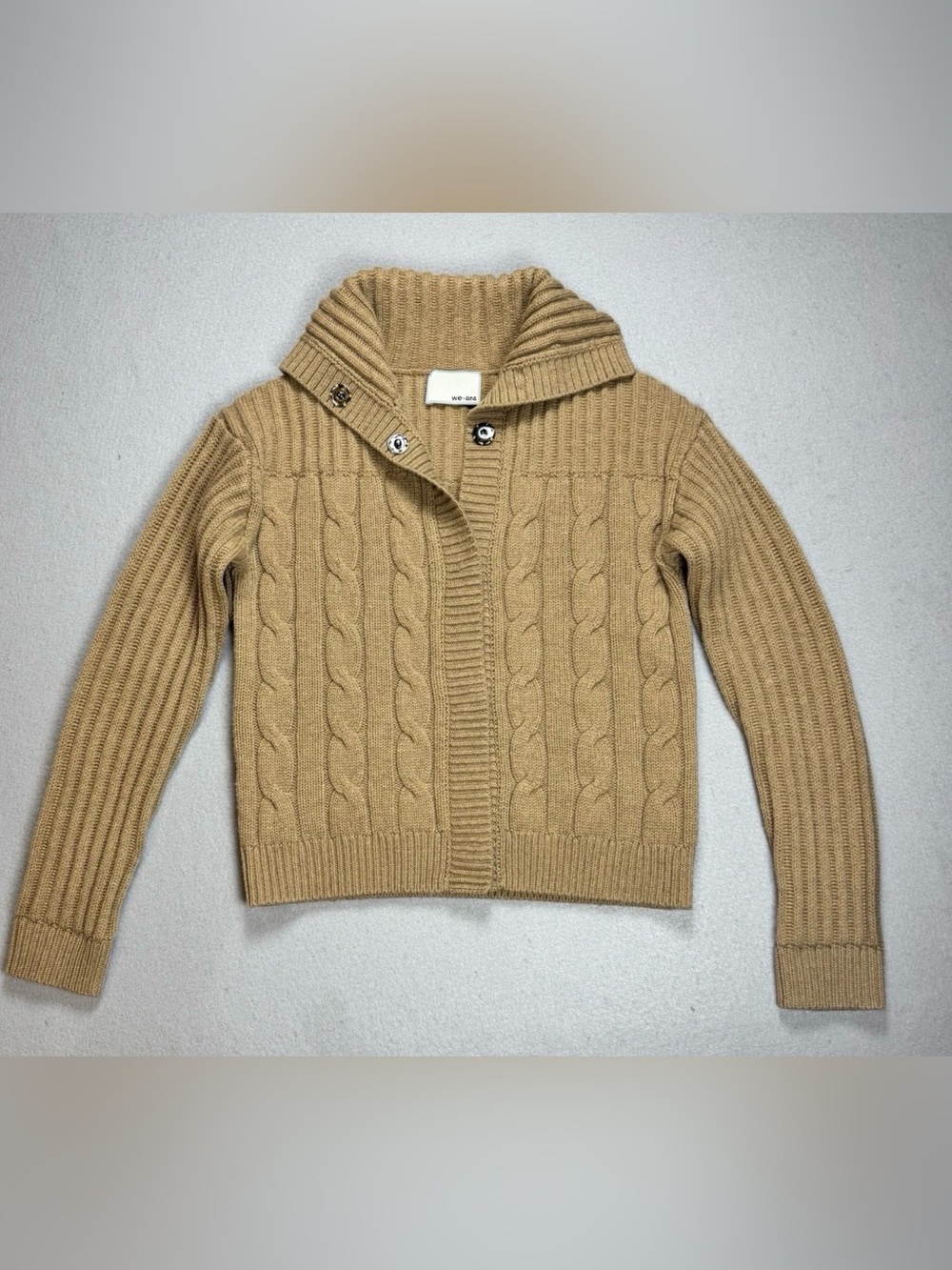 WE-AR4 Women’s University Cable-Knit Wool + Cashmere Cardigan Sweater In Tan-M
